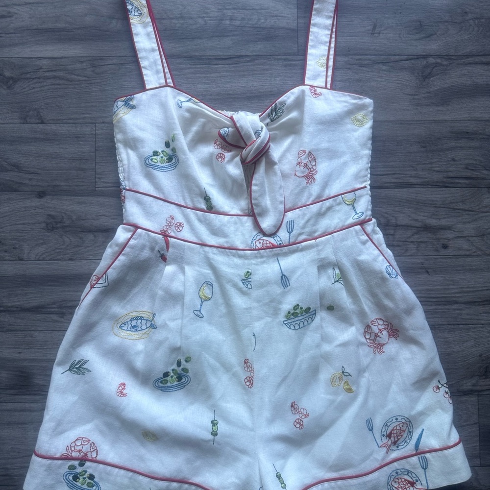 Caroline Constas Embroidered Linen Romper - Mediterranean Food Print - Size M. - Picture 14 of 17